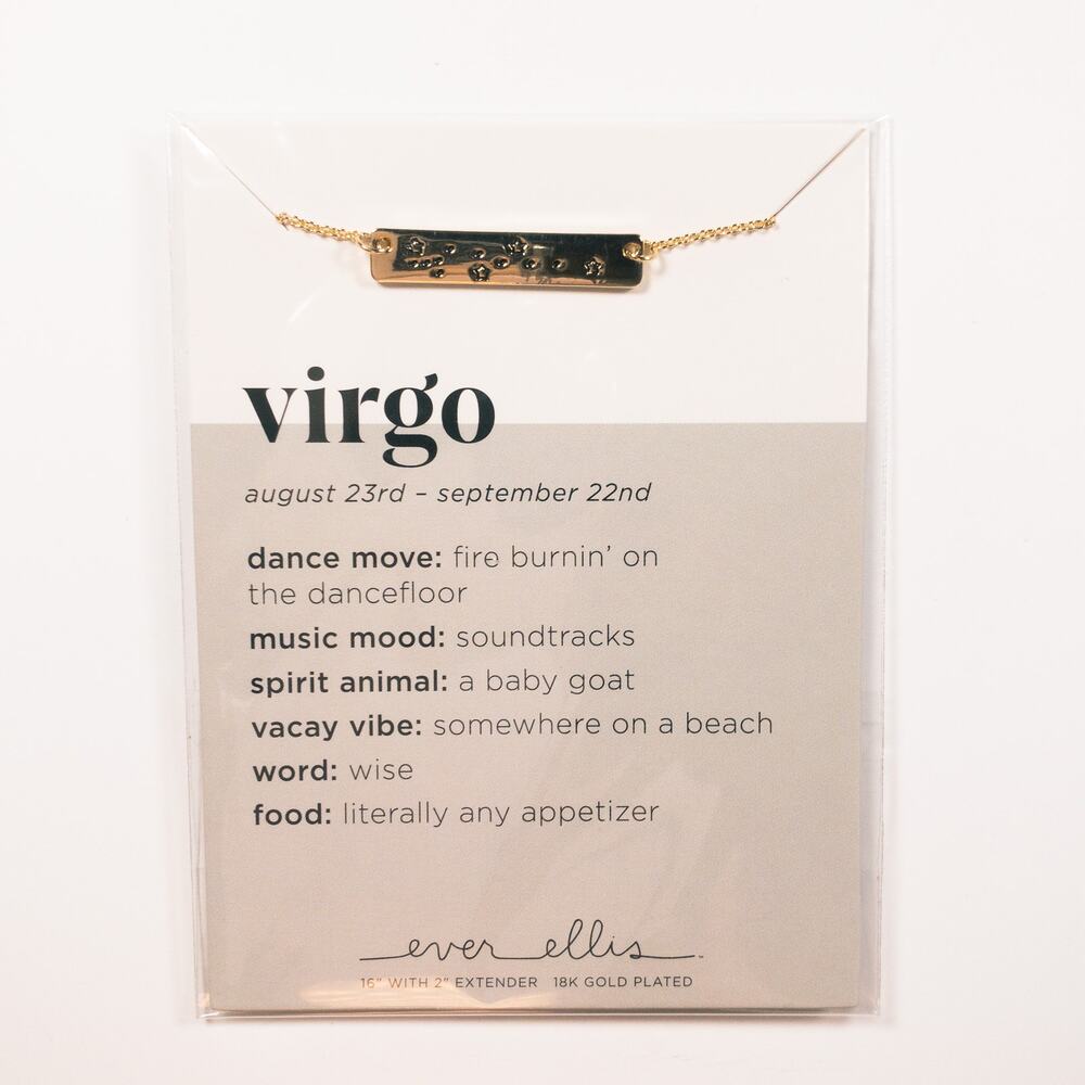 Virgo Zodiac Bar Necklace 18K Gold Plated Ever Ellis 16in Aug 23- Sep 22